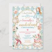 Mint en Blue Alice Tea Party First Birthday Kaart (Voorkant)