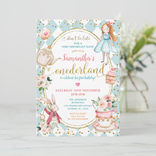 Mint en Blue Alice Tea Party First Birthday Kaart (Staand voorkant)