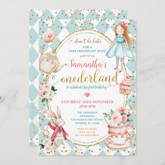 Mint en Blue Alice Tea Party First Birthday Kaart (Voorkant / Achterkant)