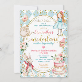 Mint en Blue Alice Tea Party First Birthday Kaart