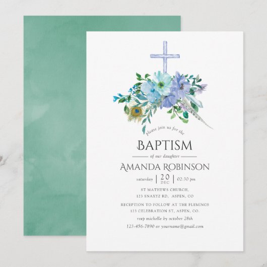 Mint en Blue Boho Baptism of Christening Kaart (Voorkant / Achterkant)