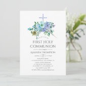 Mint en Blue Boho First Heilige Communie Kaart (Staand voorkant)