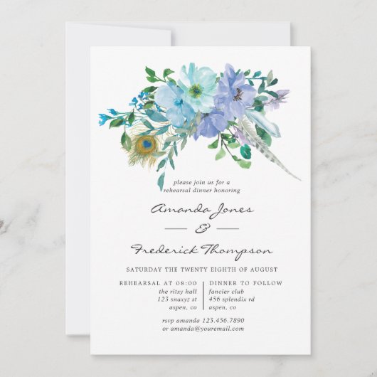 Mint en Blue Boho Floral Rehearsal Dinner Kaart (Voorkant)