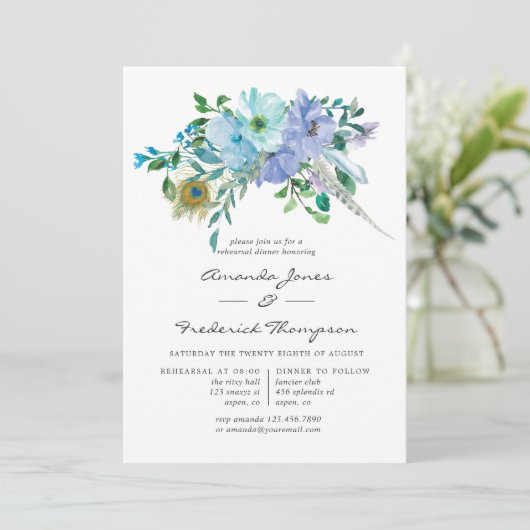 Mint en Blue Boho Floral Rehearsal Dinner Kaart (Staand voorkant)