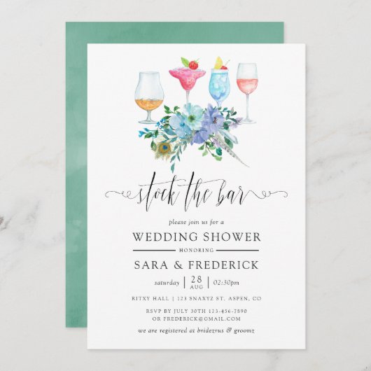 Mint en Blue Boho Floral Stock de Bar Kaart (Voorkant / Achterkant)