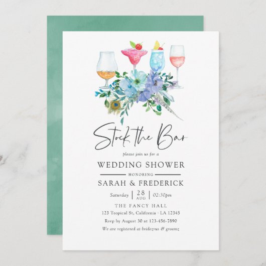 Mint en Blue Boho Floral Stock de Bar Kaart (Voorkant / Achterkant)