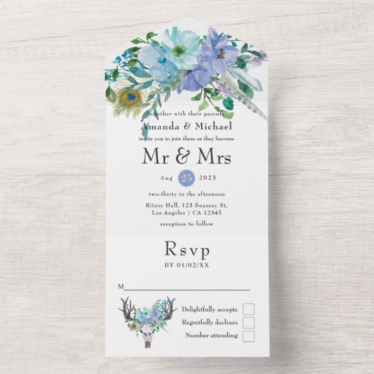 Mint en Blue Boho Floral Wedding All In One Uitnodiging (Binnen)