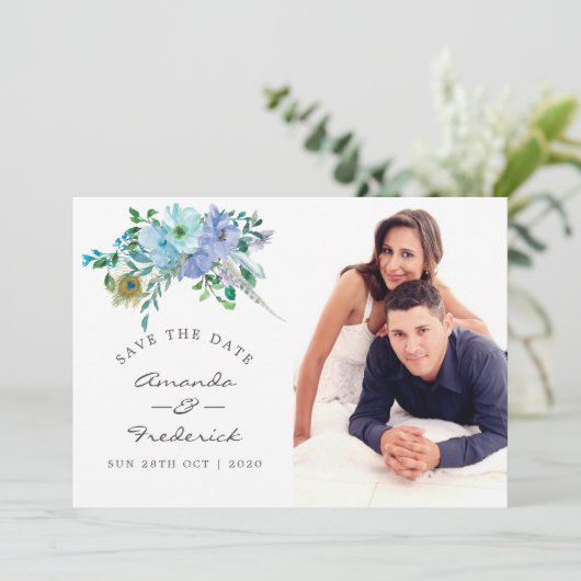 Mint en Blue Boho Floral Wedding Save the Date (Staand voorkant)