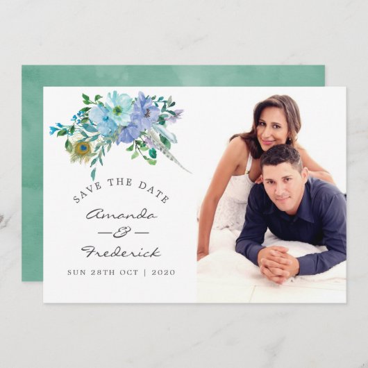 Mint en Blue Boho Floral Wedding Save the Date (Voorkant / Achterkant)