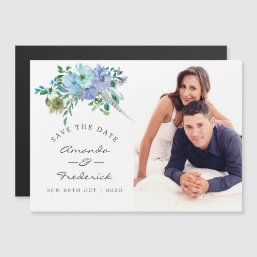 Mint en Blue Boho Floral Wedding Save the Date Magnetische Uitnodiging (Voorkant / Achterkant)