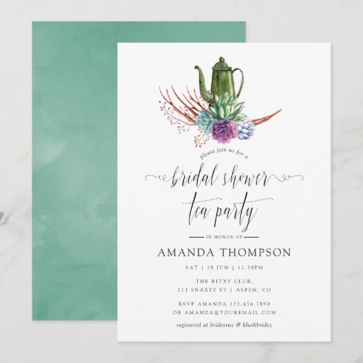 Mint en Blue Boho Vrijgezellenfeest Tea Party Kaart (Voorkant / Achterkant)