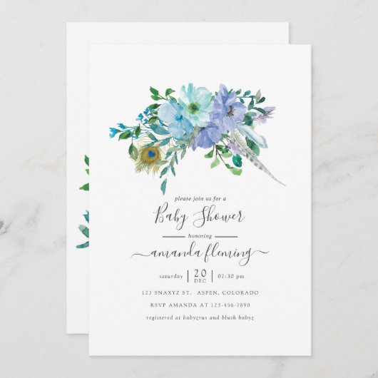 Mint en Blue Waterverf Boho Floral Baby shower Kaart (Voorkant / Achterkant)