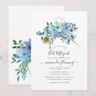 Mint en Blue Waterverf Boho Floral Bat Mitzvah Kaart