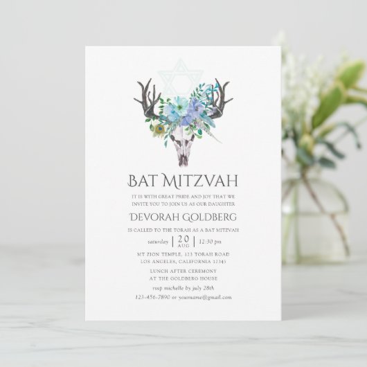 Mint en Blue Waterverf Boho Floral Bat Mitzvah Kaart (Staand voorkant)