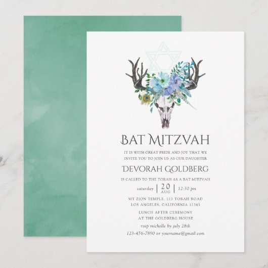 Mint en Blue Waterverf Boho Floral Bat Mitzvah Kaart (Voorkant / Achterkant)