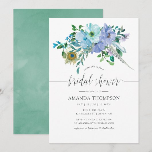 Mint en Blue Waterverf Boho Floral Vrijgezellenfee Kaart (Voorkant / Achterkant)