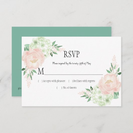 Mint en Blush Waterverf Flowers RSVP (Voorkant / Achterkant)