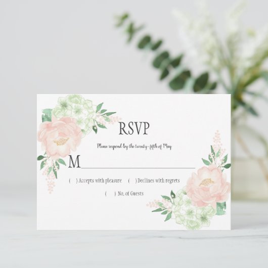 Mint en Blush Waterverf Flowers RSVP Kaartje (Staand voorkant)