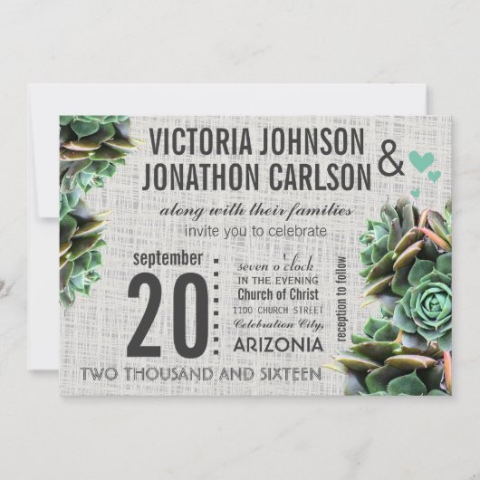 Mint en Burlap Succulent Modern Wedding Kaart (Voorkant)