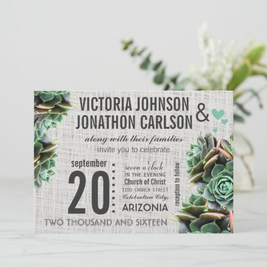 Mint en Burlap Succulent Modern Wedding Kaart (Staand voorkant)