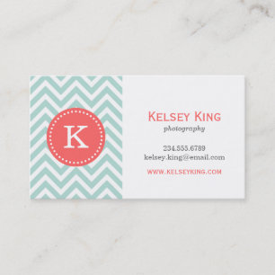 Mint en Coral Chevron Custom Monogram Visitekaartje