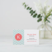 Mint en Coral Chevron Custom Monogram Visitekaartje (Staand voorkant)