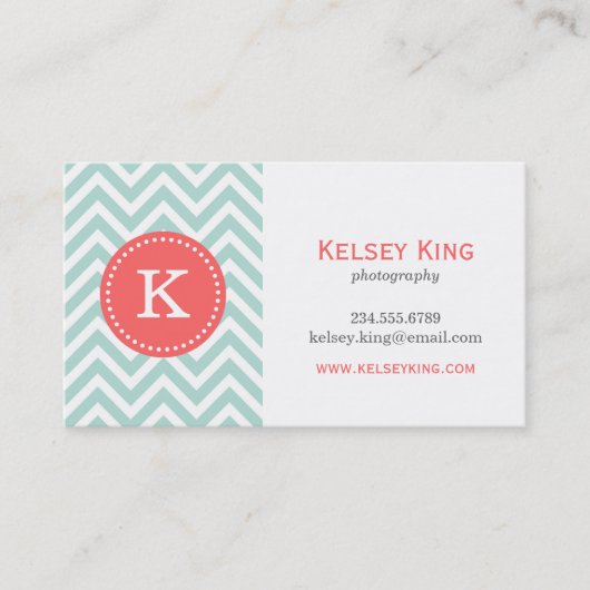 Mint en Coral Chevron Custom Monogram Visitekaartje (Voorkant)