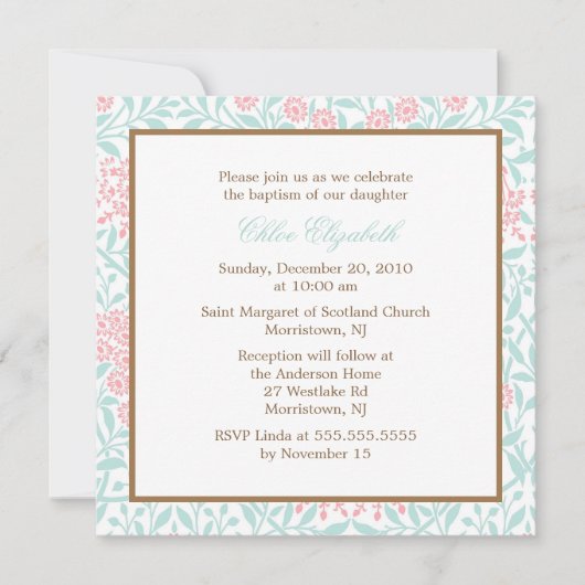 Mint en Coral Floral Damask Christening Kaart (Voorkant)