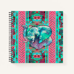 Mint en Coral Floral Tribal Boho Elephant Notitieboek