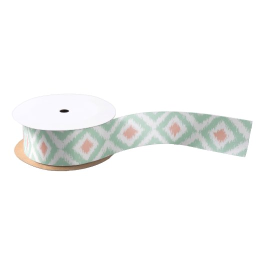 Mint en Coral Ikat Diamonds Patroon Satijnen Lint (Spoel)