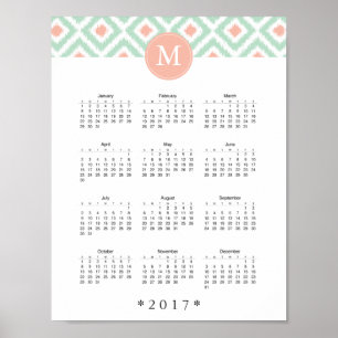 Mint en Coral Ikat Pattern 2017 Calendar Poster