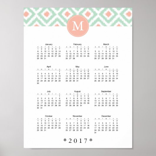 Mint en Coral Ikat Pattern 2017 Calendar Poster (Voorkant)