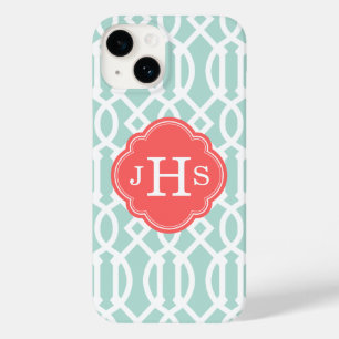 Mint en Coral Modern Trellis Custom Monogram Case-Mate iPhone 14 Hoesje