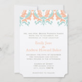 Mint en Coral Peach Damask Wedding Invitation Kaart (Voorkant)