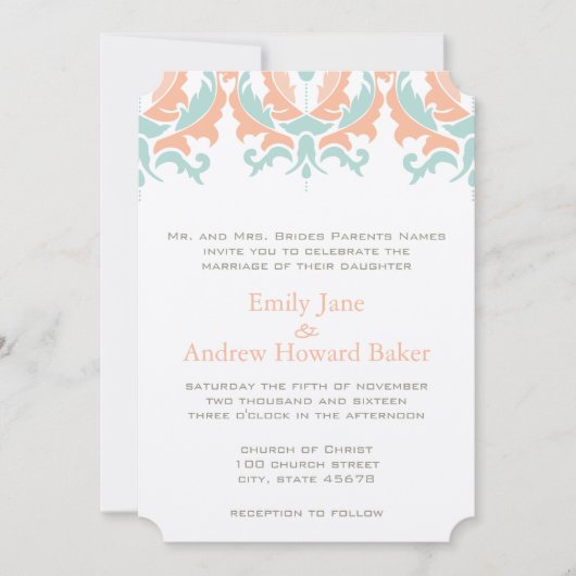 Mint en Coral Peach Damask Wedding Invitation Kaart (Voorkant)