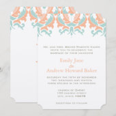 Mint en Coral Peach Damask Wedding Invitation Kaart (Voorkant / Achterkant)