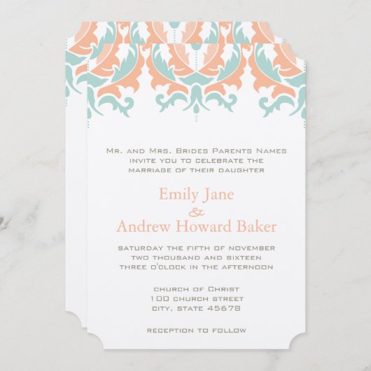 Mint en Coral Peach Damask Wedding Invitation Kaart (Voorkant / Achterkant)