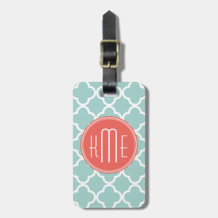 Mint en Coral Quatrefoil met aangepast Monogram Bagagelabel