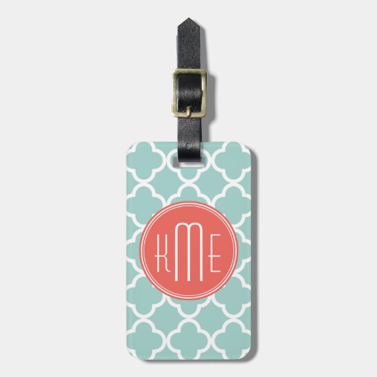 Mint en Coral Quatrefoil met aangepast Monogram Bagagelabel (Voorkant verticaal)