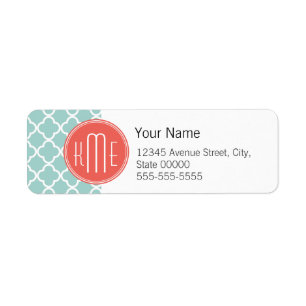 Mint en Coral Quatrefoil met aangepast Monogram Etiket