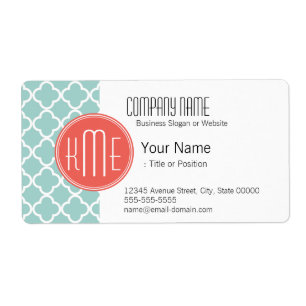 Mint en Coral Quatrefoil met aangepast Monogram Etiket