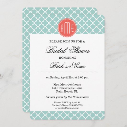 Mint en Coral Quatrefoil met aangepast Monogram Kaart (Voorkant / Achterkant)