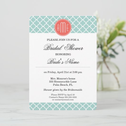 Mint en Coral Quatrefoil met aangepast Monogram Kaart (Staand voorkant)