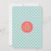 Mint en Coral Quatrefoil met aangepast Monogram Kaart (Achterkant)