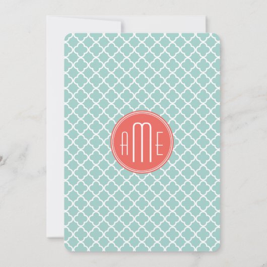 Mint en Coral Quatrefoil met aangepast Monogram Kaart (Achterkant)
