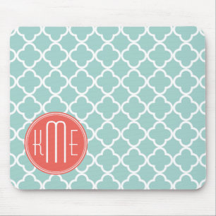 Mint en Coral Quatrefoil met aangepast Monogram Muismat