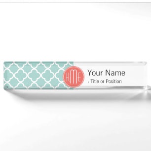 Mint en Coral Quatrefoil met aangepast Monogram Naambordje