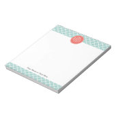Mint en Coral Quatrefoil met aangepast Monogram Notitieblok (Linkerzijde)