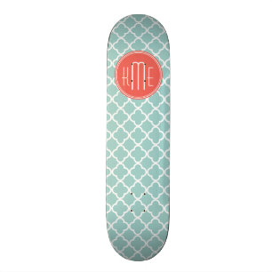Mint en Coral Quatrefoil met aangepast Monogram Persoonlijk Skateboard