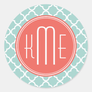 Mint en Coral Quatrefoil met aangepast Monogram Ronde Sticker
